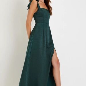Lulu's Deep Green Tie-Shoulder Satin A-Line Gown - NWT